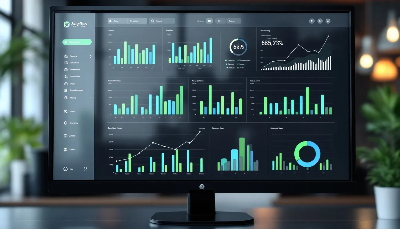A modern business analytics dashboard displays various data visualizations and charts, showcasing powerful data visualization tools that enable users to analyze data from multiple data sources. The interface is user-friendly, allowing for the creation of interactive visualizations that provide actionable insights for informed decision-making.