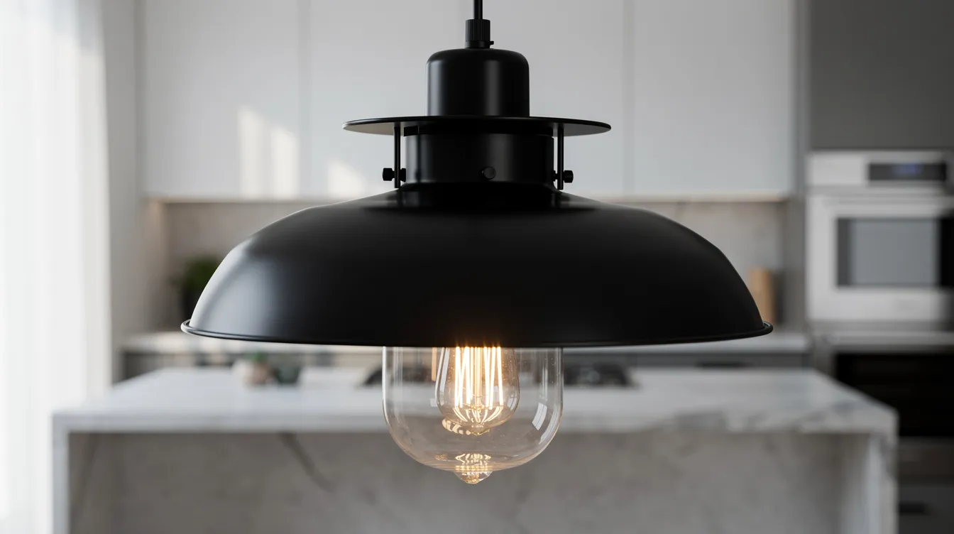 En närbild av en elegant svart metallpendellampa med glashuvud som hänger över ett modernt kök. Lampan ger en stilren belysning i köket och skapar en trivsam atmosfär för matlagning och umgänge.
