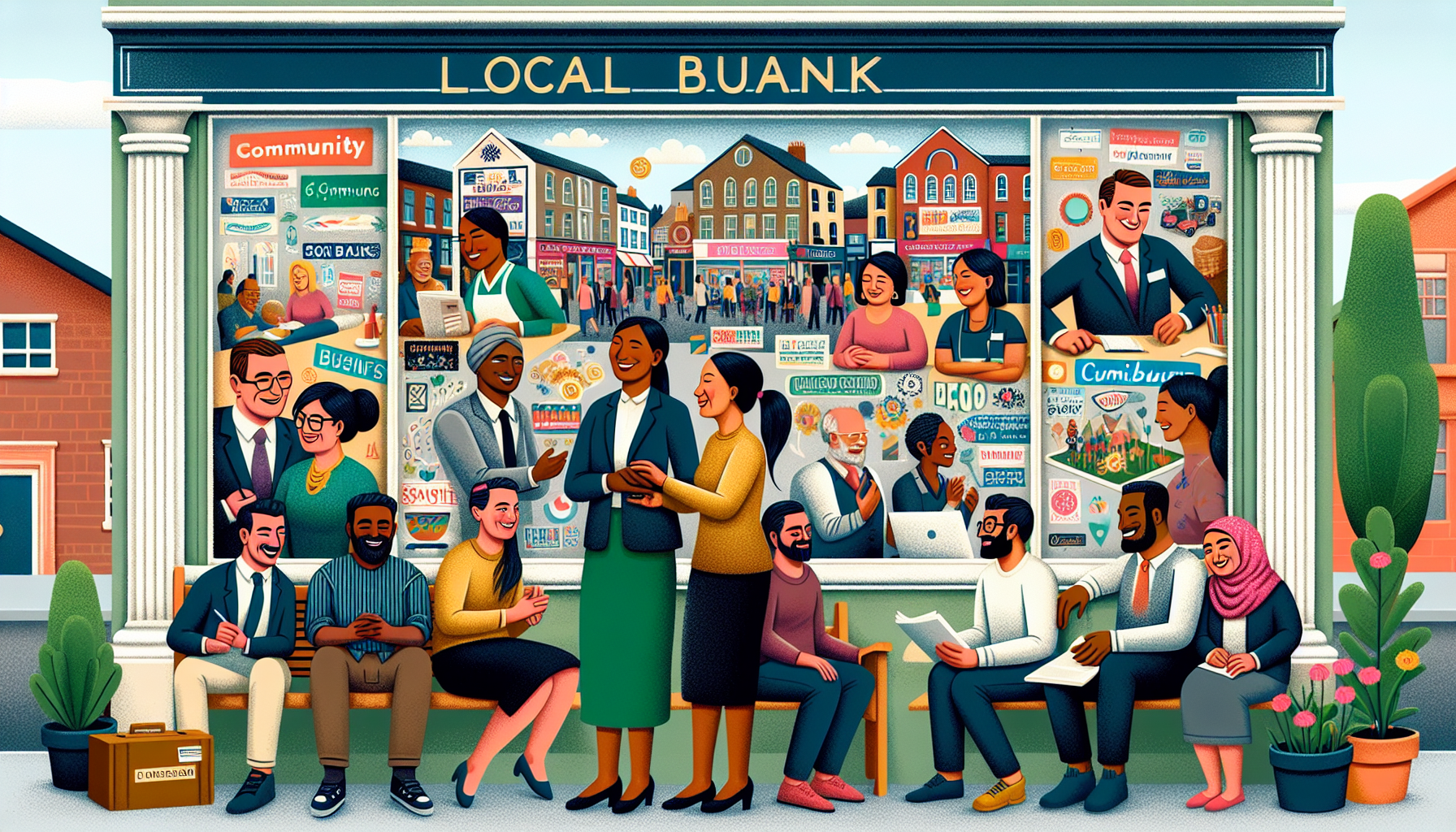 Illustration of a local bank supporting small businesses in the community