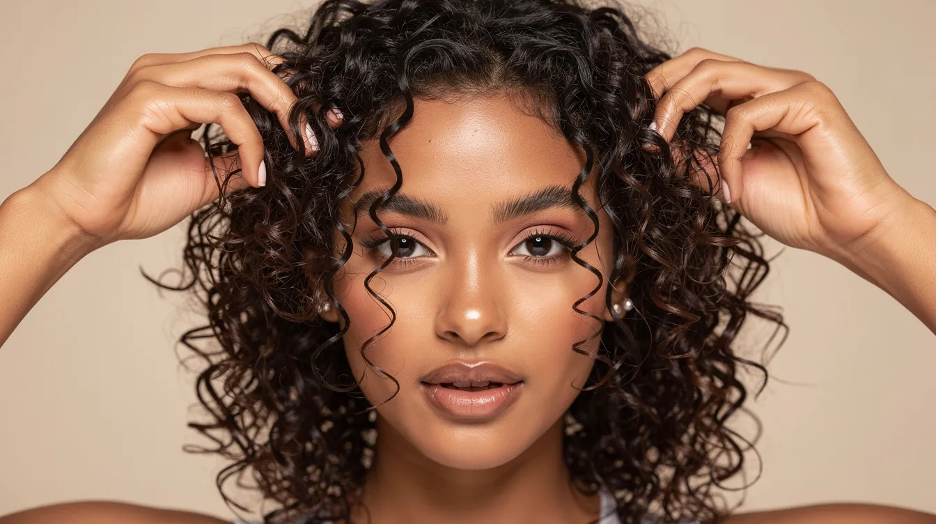 A woman is scrunching her damp curly hair with her hands, showcasing a defined curl pattern that highlights her natural texture and shine. This technique is part of the air drying process, helping to enhance her curls while reducing frizz and avoiding heat damage.
