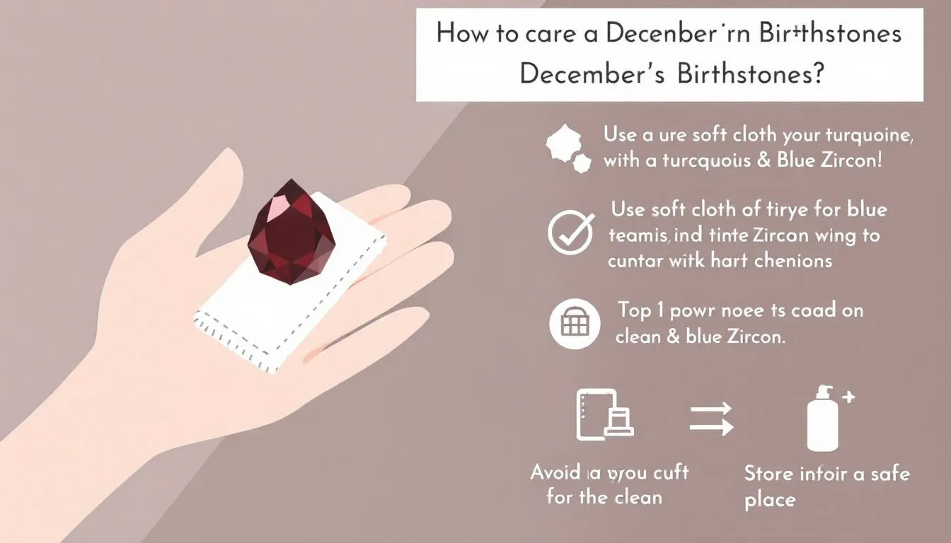 The image depicts various December birthstones, including sky blue topaz, turquoise, and blue zircon, showcased in elegant white gold jewelry like earrings and pendants. The scene highlights the beauty and value of these gemstones, emphasizing their connection to good fortune and the care needed to maintain their natural state.