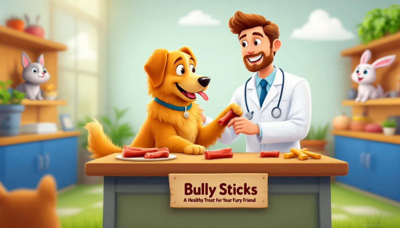 A veterinarian examining a dog with a bully stick in the foreground, highlighting the benefits of bully sticks.