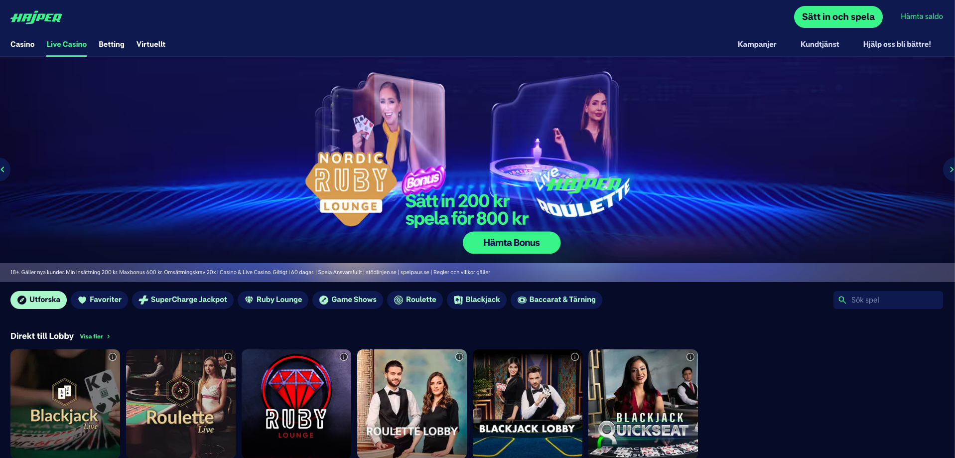 Hajper live casino