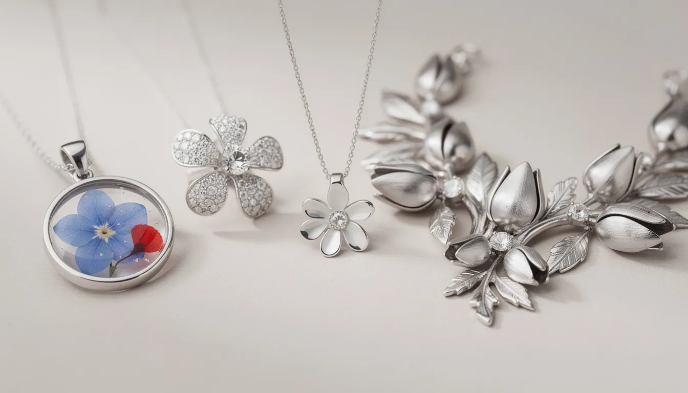 The image showcases a collection of elegant silver flower necklaces, featuring various styles such as delicate pendants with pressed flowers in resin, sparkling gem-accented pieces, and bold statement designs with intricate floral motifs. Each necklace reflects the beauty of nature and is perfect for gifting or adding a touch of charm to any outfit.