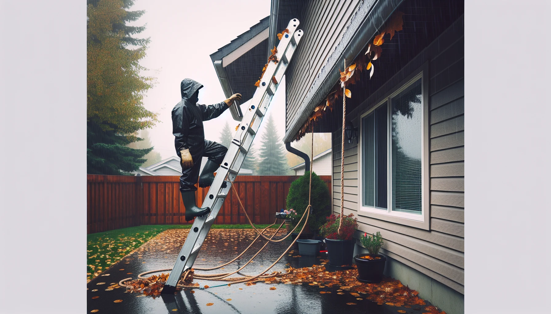 Secure ladder for wet weather gutter maintenance