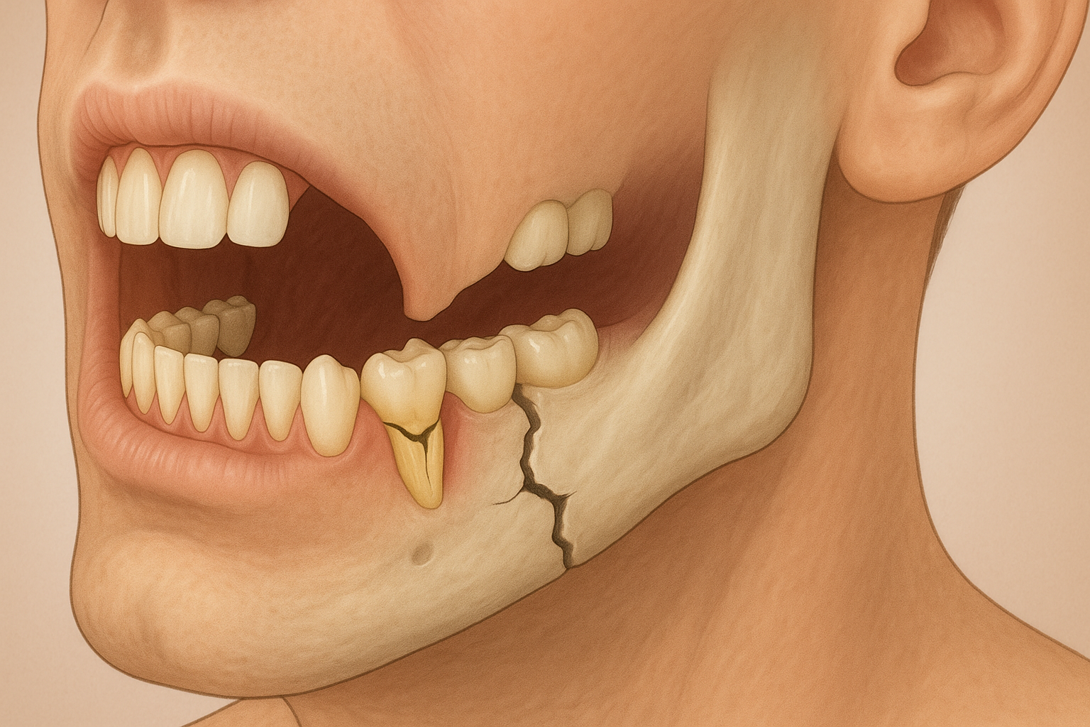 Illustrasjon av brukket tann og kjeve med tydelige sprekker og skader.