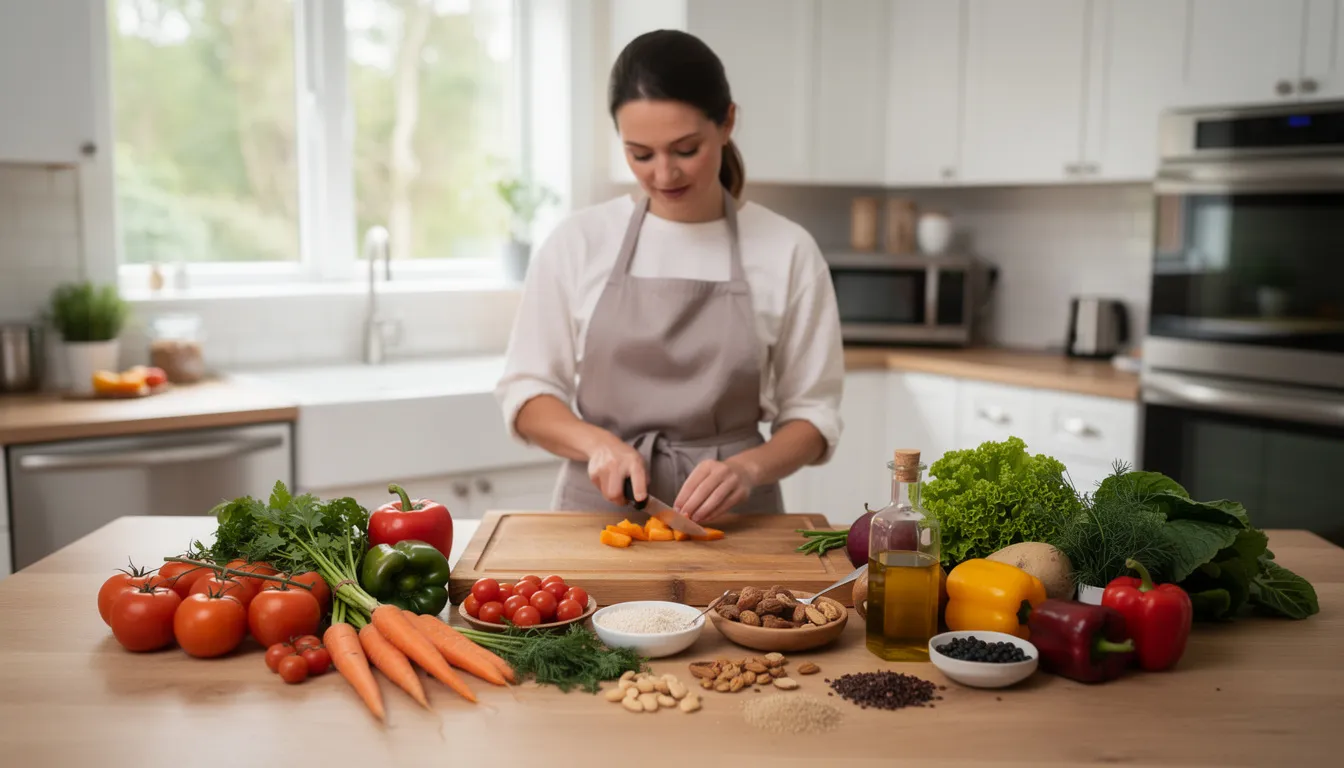 A person is preparing healthy food in a bright kitchen, surrounded by fresh vegetables and natural ingredients on the counter, emphasizing the importance of dietary ingredients in a balanced diet. This scene reflects the growing consumer interest in health and wellness, which aligns with the ongoing discussions about dietary supplements and regulatory clarity from the FDA regarding ingredients like nicotinamide mononucleotide (NMN).
