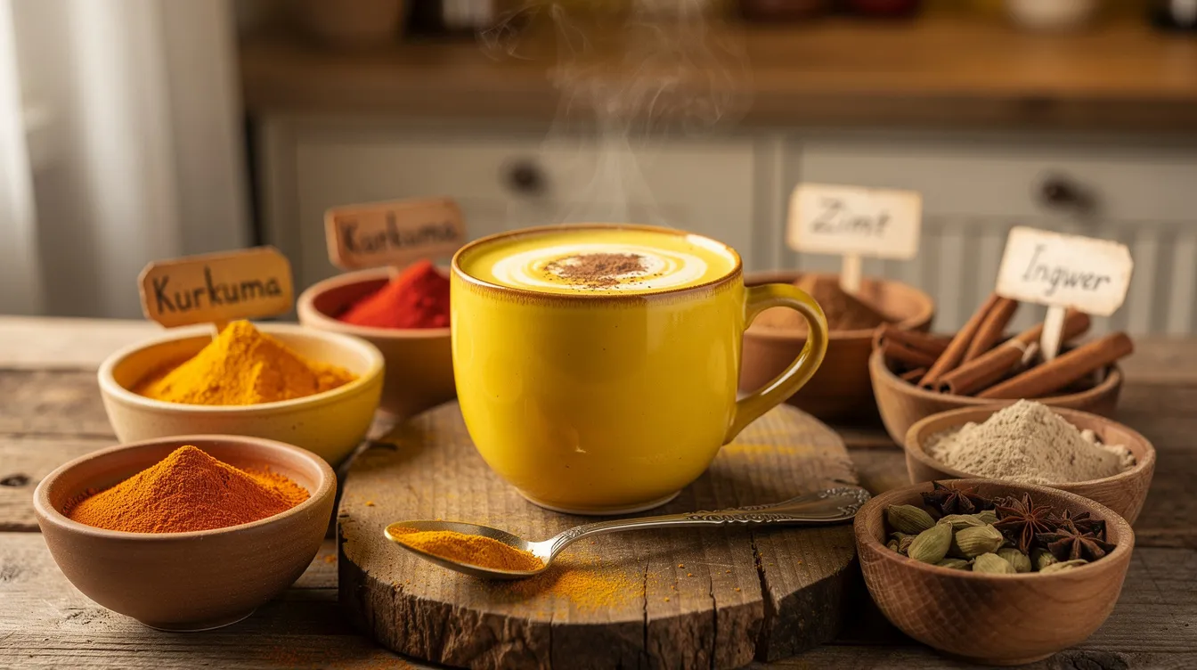 Tasse goldene Milch mit Gewürzen und ayurvedischen Pulvern wie Shatavari auf einem Holzbrett, ein abendliches Ritual für Entspannung