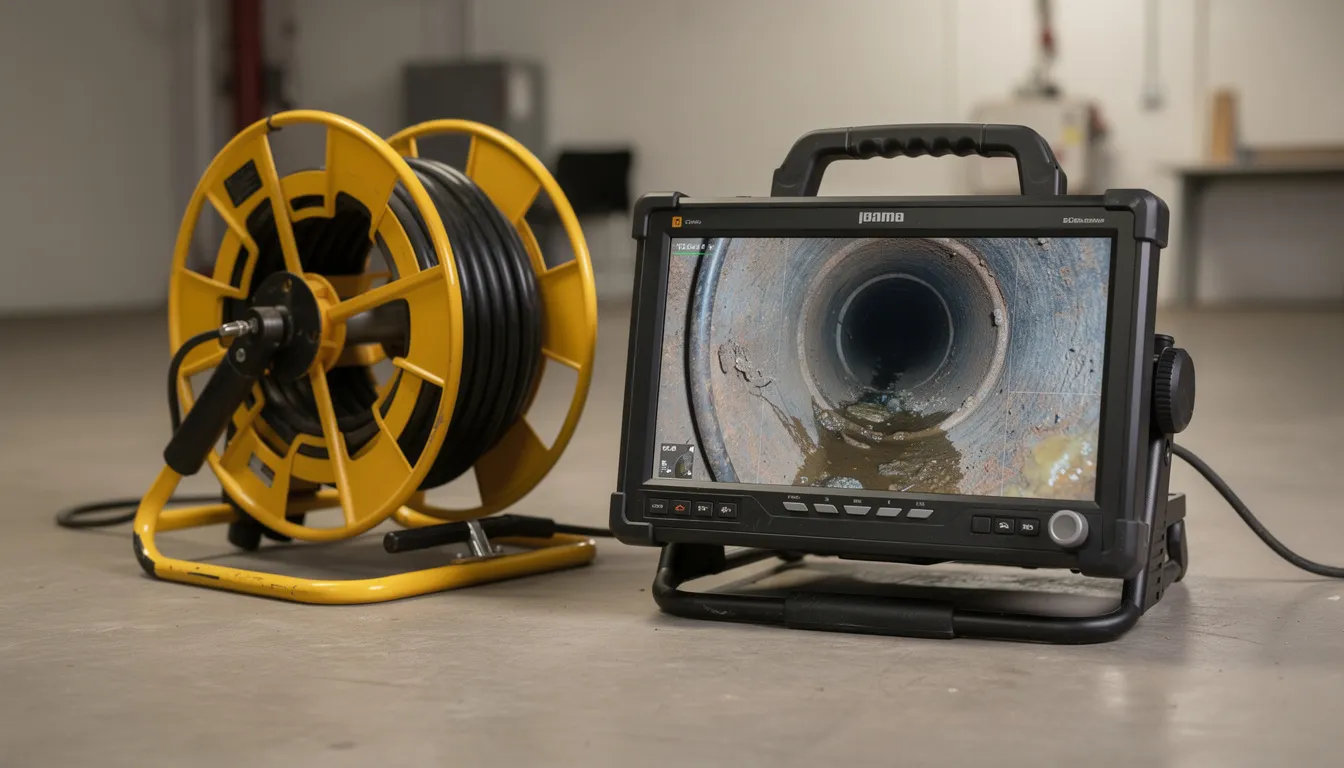 The image shows sewer camera inspection equipment, featuring a monitor that displays the interior of a residential drain pipe. This setup is essential for identifying sewer issues, such as clogs or buildup, allowing sewer cleaning professionals to assess and address drainage problems effectively.