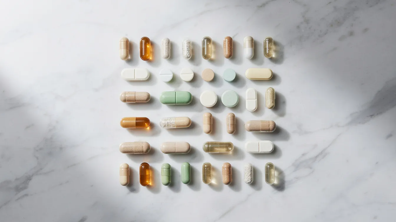 An assortment of colorful supplement capsules and tablets is neatly arranged on a clean white marble surface, highlighting various dietary supplements that may support brain health, cognitive function, and memory. These supplements, which include fish oil and ginkgo biloba, are often considered by those looking to boost memory and improve overall cognitive health.