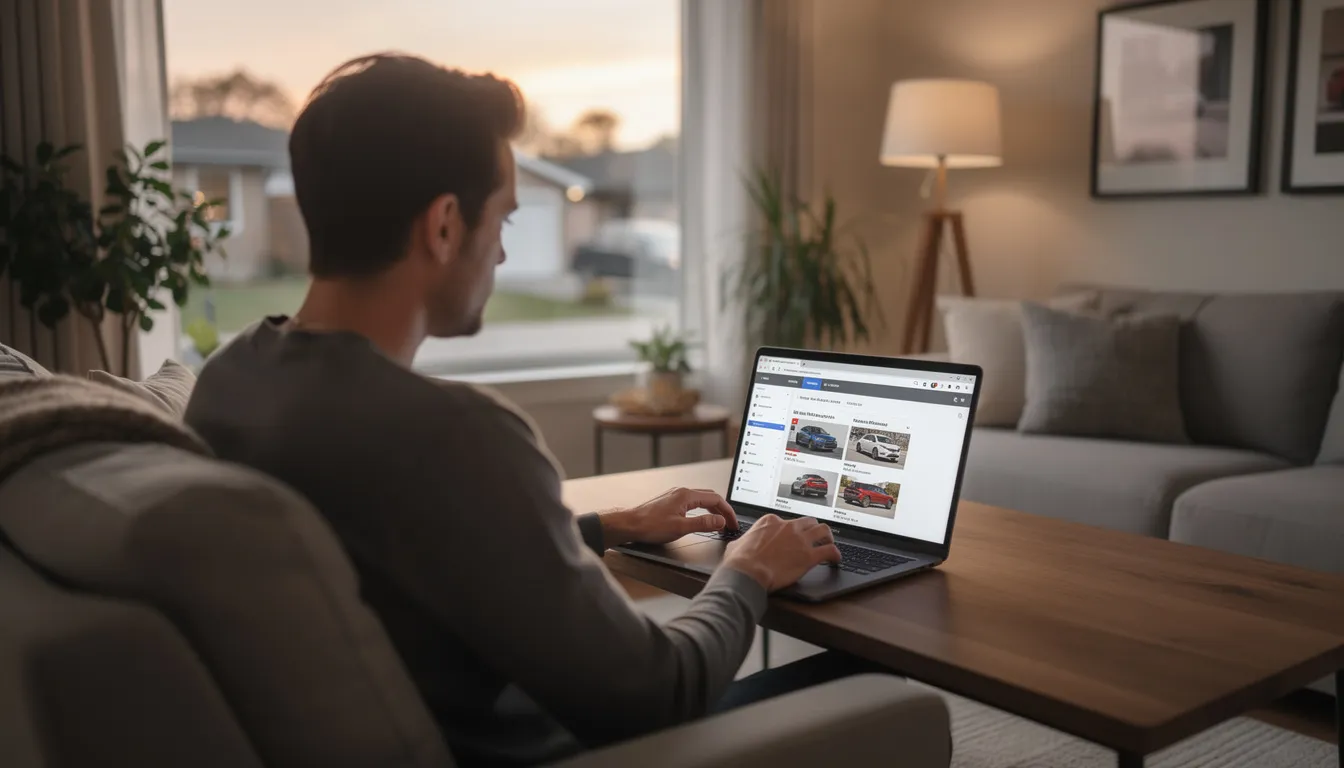 A Canadian consumer is sitting in a modern living room, browsing various used cars online on their laptop, exploring the online car buying process. The scene captures the ease of online car shopping, highlighting the comfort and convenience of purchasing a vehicle completely online from the comfort of home.