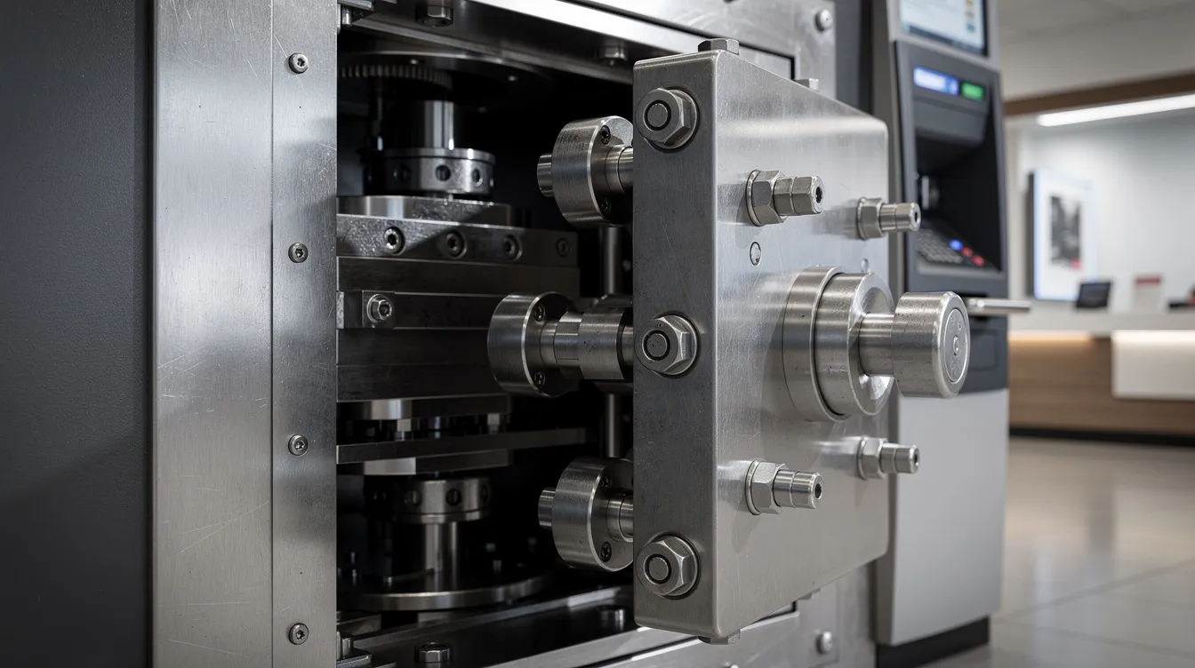 The image depicts a heavy steel ATM vault door partially open, showcasing its thick reinforced construction designed to enhance ATM security. This robust design serves as a critical security feature for financial institutions, protecting against unauthorized access and physical tampering during financial transactions.