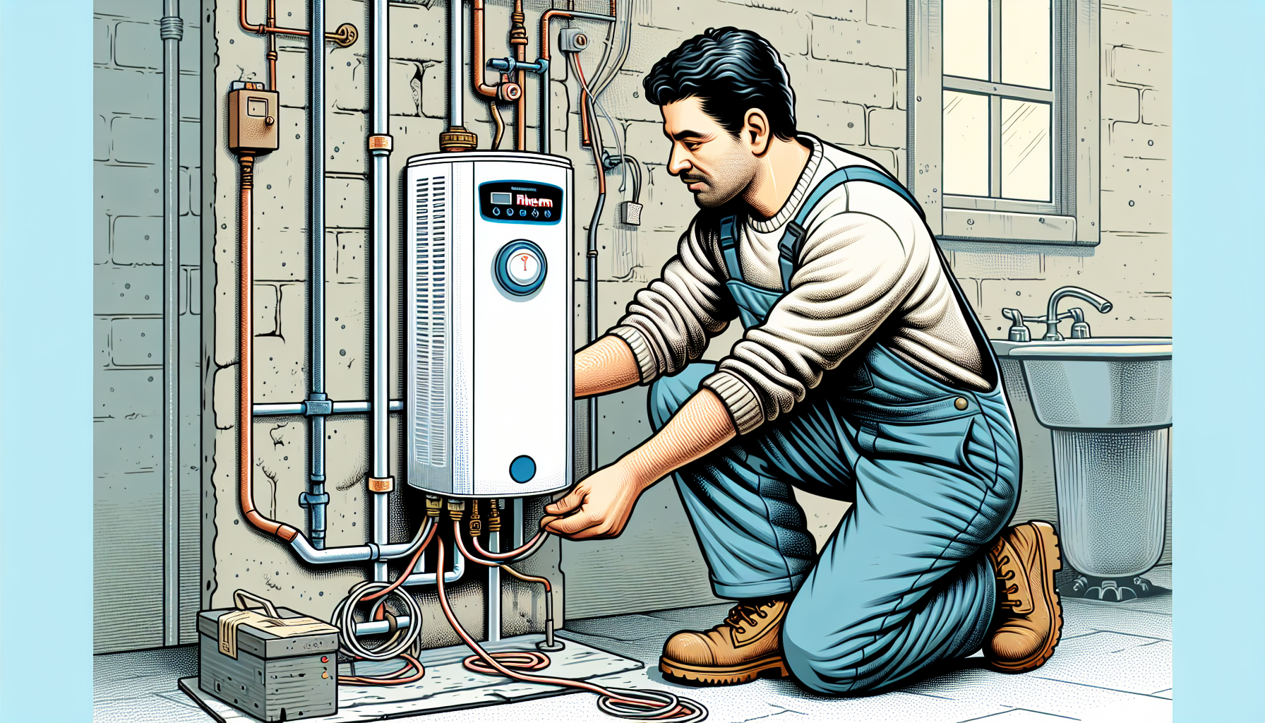 Illustration of the installation process of a hot water system
