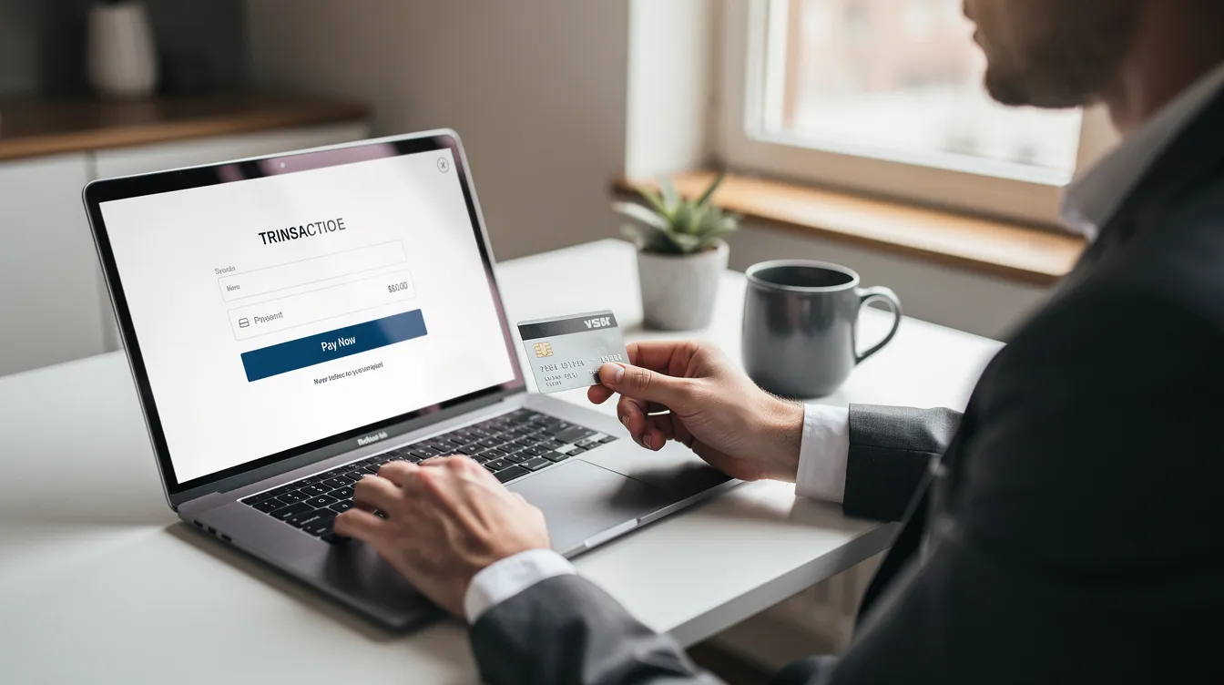 A person is seated at a desk, focused on their laptop while completing an online transaction for international payments. The scene suggests the use of a payment method to send money to Pakistan, highlighting the convenience of online money transfer services.