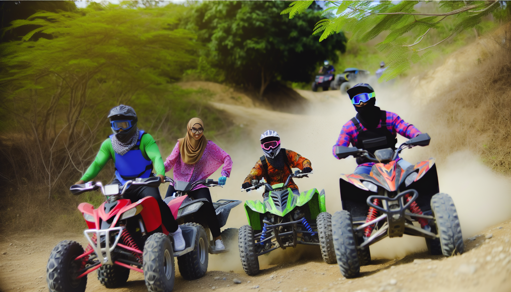 Group of off-road enthusiasts riding their vehicles through a trail