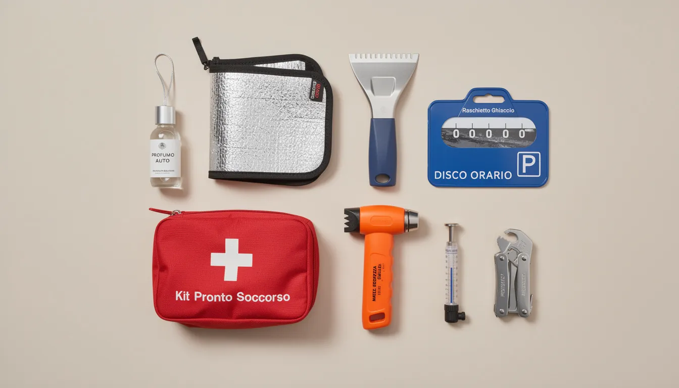 L'immagine mostra una selezione di gadget auto personalizzati, tra cui profumi per auto, parasoli e attrezzi utili come raschietti per ghiaccio e kit di pronto soccorso, disposti su uno sfondo piatto. Questi accessori per automobili sono progettati per migliorare l'esperienza di guida e offrire soluzioni pratiche ai clienti.