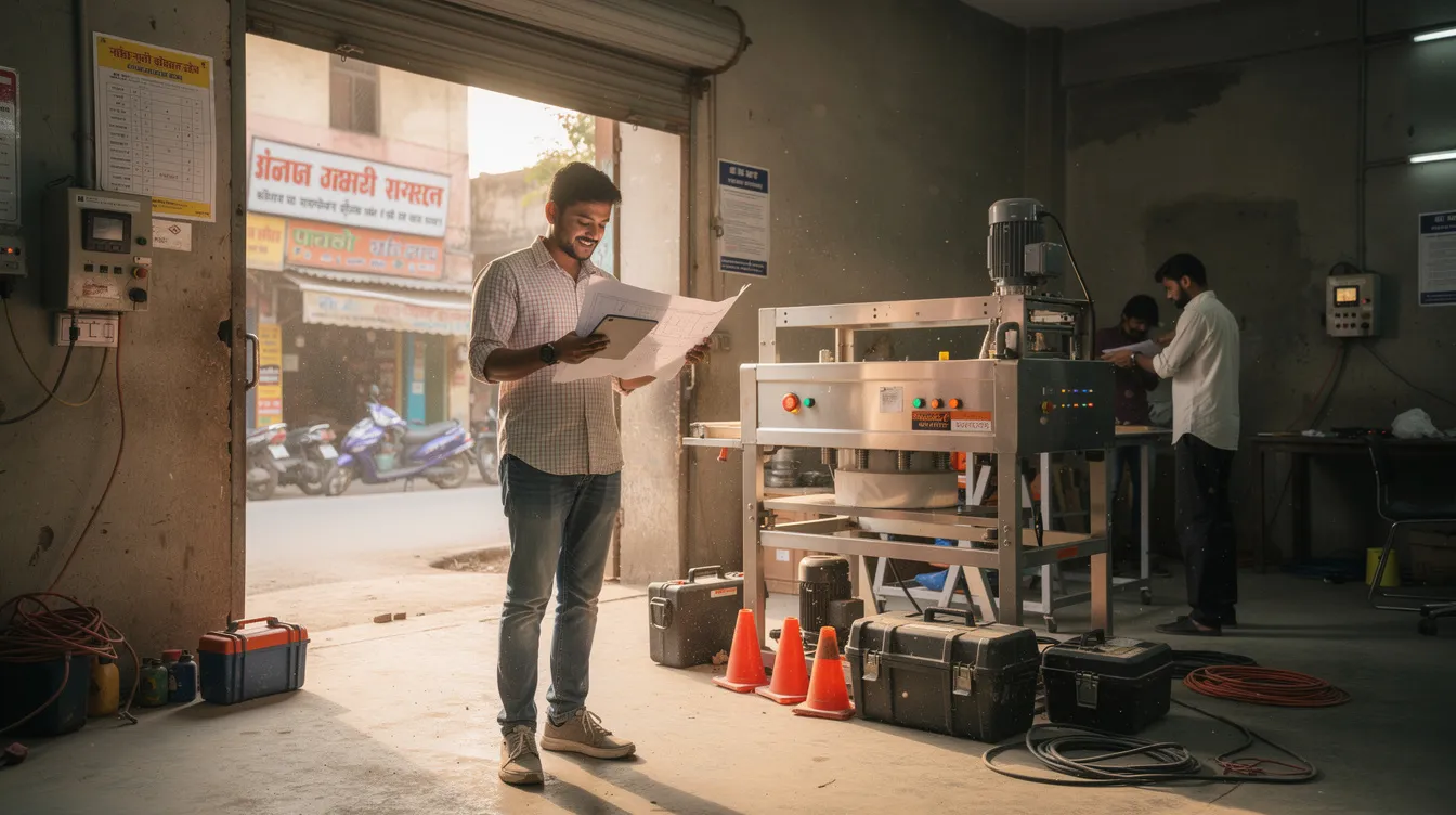 e080f0c3 1354 43ec 9fd0 bd38c2f60d1f The image depicts a young entrepreneur in a semi-urban Indian town, setting up a small workshop filled with new machinery, symbolizing the growth and development of micro enterprises. This scene reflects the potential for financial assistance through schemes like the Pradhan Mantri Mudra Yojana, aimed at supporting eligible borrowers in their journey towards successful business ventures.