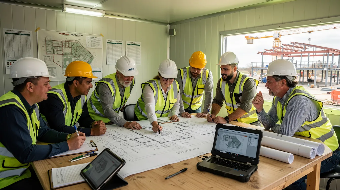 A team of construction professionals is gathered around a table in a jobsite trailer, reviewing documents related to the construction project. They are engaged in discussions about quality control procedures and ensuring that all aspects of the construction quality control plan meet the required standards for successful project completion.
