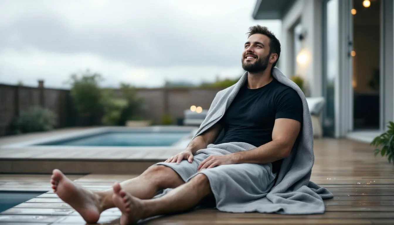 A person is relaxing in their backyard after a refreshing cold plunge session, enjoying the benefits of cold water immersion therapy. The scene captures a tranquil atmosphere, highlighting the individual’s relaxation and recovery from muscle soreness and fatigue following a long travel day.