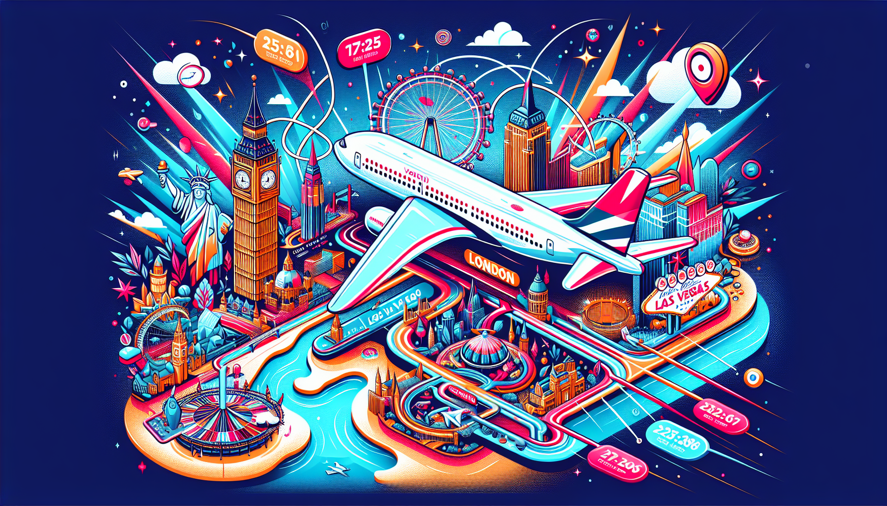 An illustration showing the flight time from London to Las Vegas.