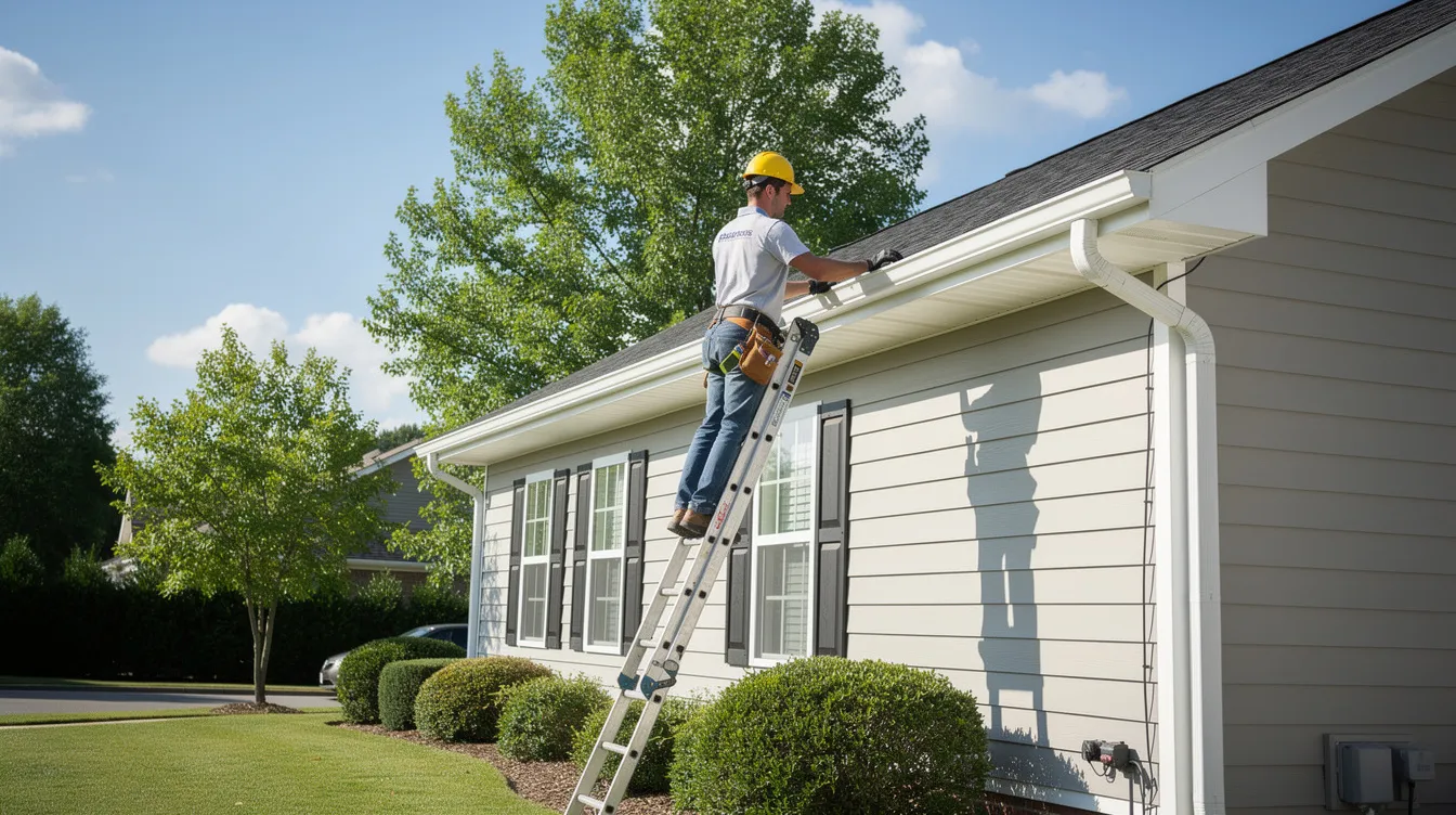 A professional technician is on a ladder, carefully inspecting residential gutters under the bright sun, ensuring proper drainage and checking for debris removal. This routine maintenance is crucial for preventing costly repairs and protecting homes from water damage in Pueblo, CO.