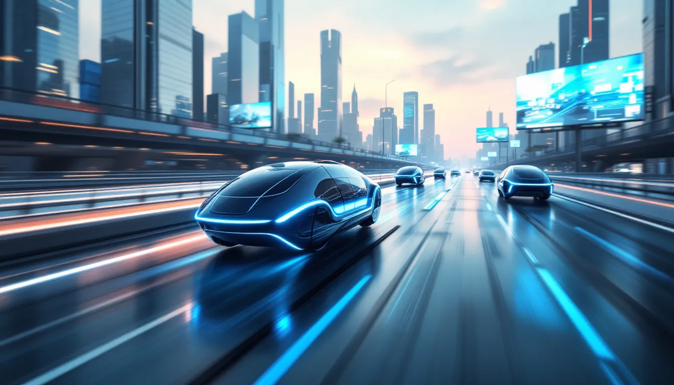 A conceptual image of transportation and logistics evolution through autonomous vehicles.