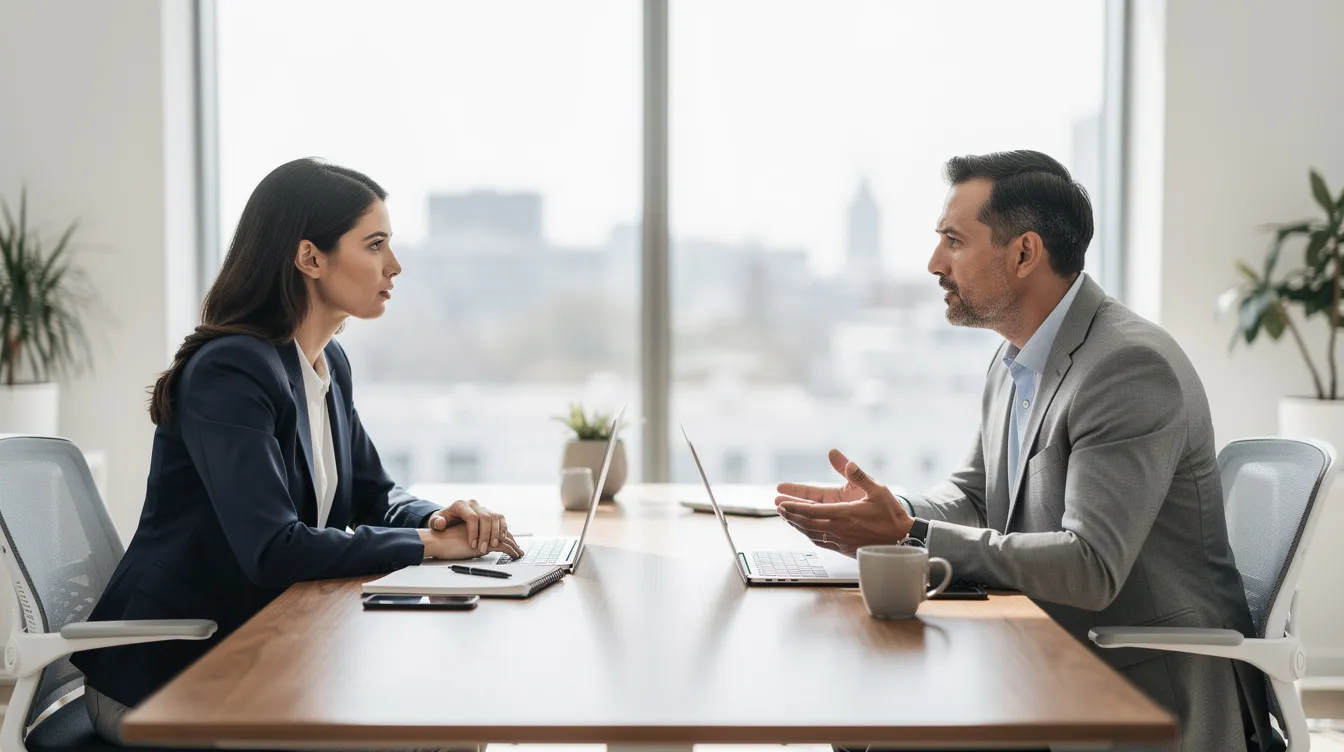 The image shows two professionals engaged in a conversation across a modern desk in a bright office, likely discussing important topics related to retirement plans and investment strategies. The setting suggests a focus on financial planning, possibly covering retirement savings accounts and the implications of various investment options.
