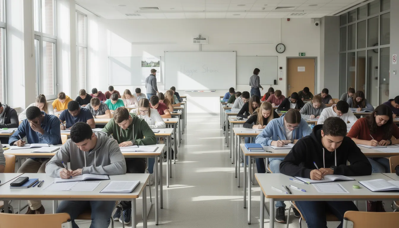 L'image montre une salle d'examen universitaire à Cluj Napoca, en Roumanie, où des étudiants concentrés écrivent leurs examens. Cette scène illustre l'importance des études universitaires et du système éducatif, en particulier pour ceux qui suivent l'année préparatoire en langue roumaine.