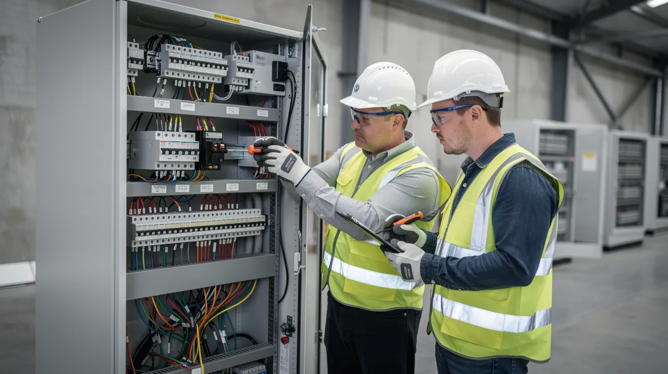 A close-up view of electricians diligently installing a large switchgear panel inside an industrial building, showcasing the advanced manufacturing processes that support the growing infrastructure needs in the Nashville construction market. The image highlights the skilled labor contributing to the region's development and the essential role of safety and reliability in electrical systems.