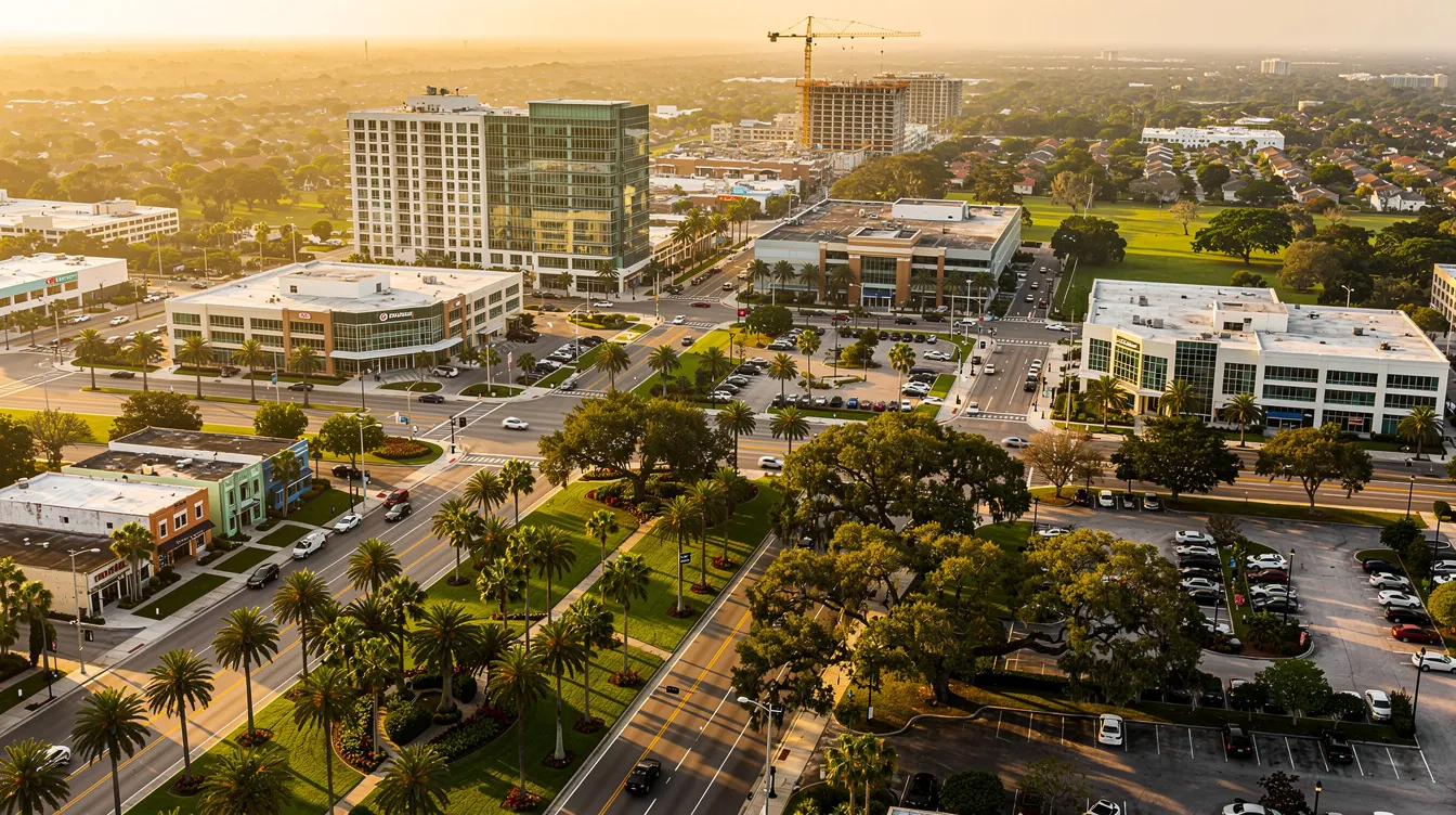 An aerial view showcases a vibrant Florida city characterized by modern commercial buildings and tree-lined streets, reflecting the growth of local businesses and the importance of local SEO for enhancing online visibility. This bustling urban landscape highlights the potential for local search rankings and the presence of various establishments that cater to the community.