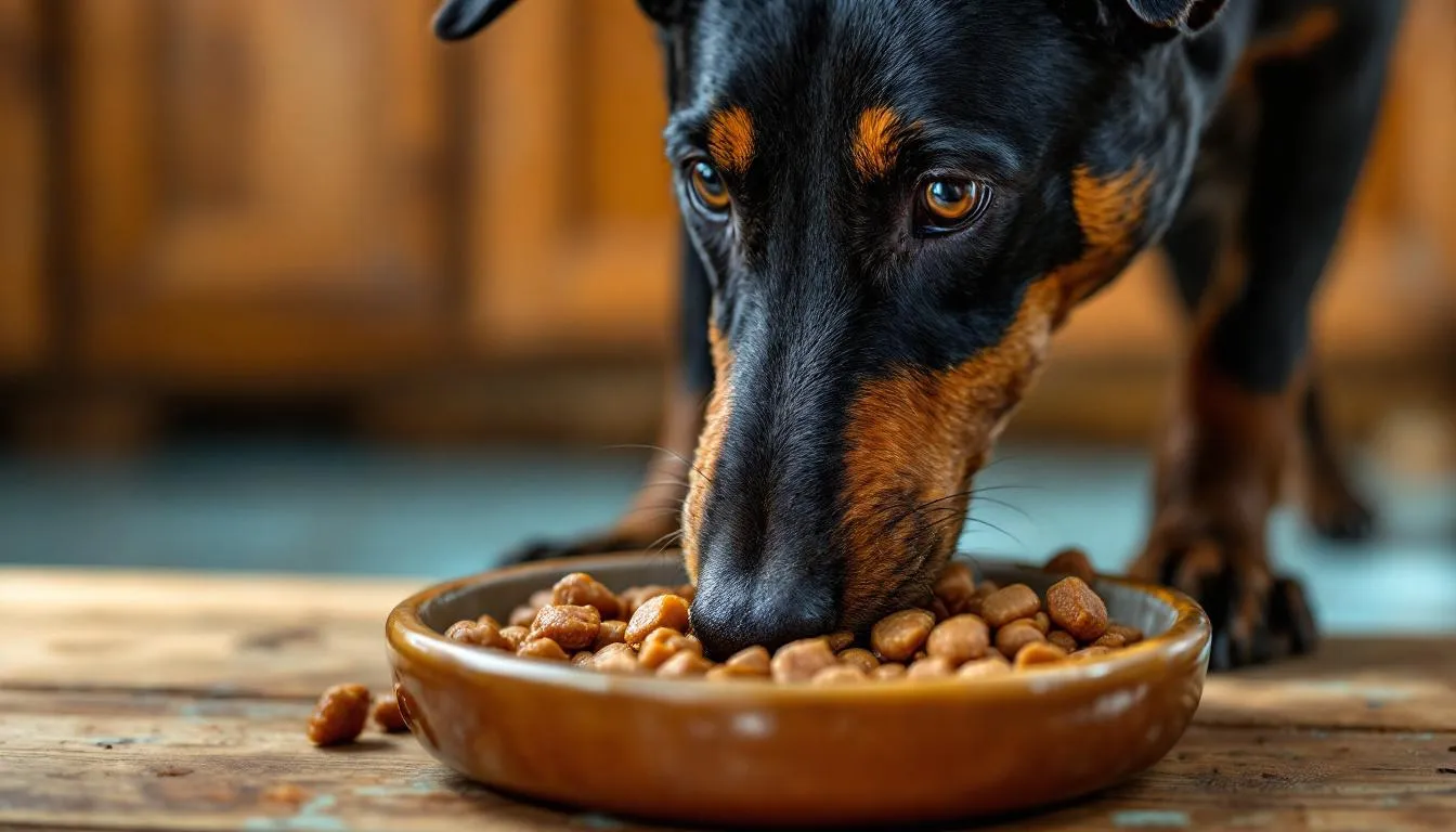 A Lancashire Heeler is happily eating high-quality dog food from a bowl, showcasing its black and tan coat and sturdy build. This loyal breed, known for its herding abilities, enjoys mealtime as a pleasant companion in a loving household.