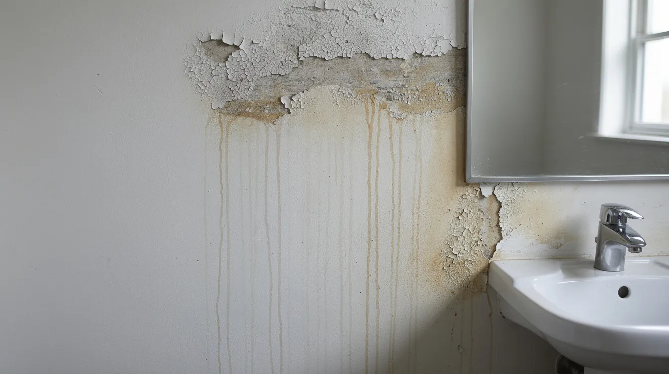The image depicts a bathroom wall with noticeable water stains and peeling paint near the sink area, indicating potential water damage and mold growth. This situation may require professional mold remediation services to address the mold problem and improve indoor air quality.