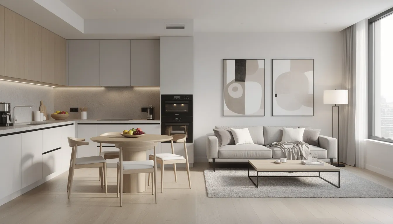 The image features a modern open-plan apartment interior showcasing a small round dining table positioned between the kitchen and living area, surrounded by two stylish dining chairs. This compact dining area is designed for space saving, making it ideal for everyday meals in smaller homes.