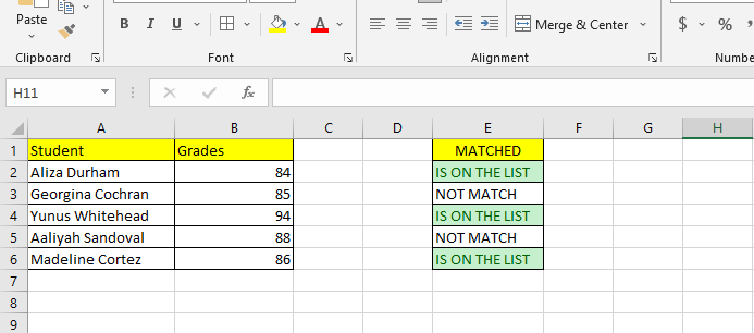 The highlighted cells are the matched data.