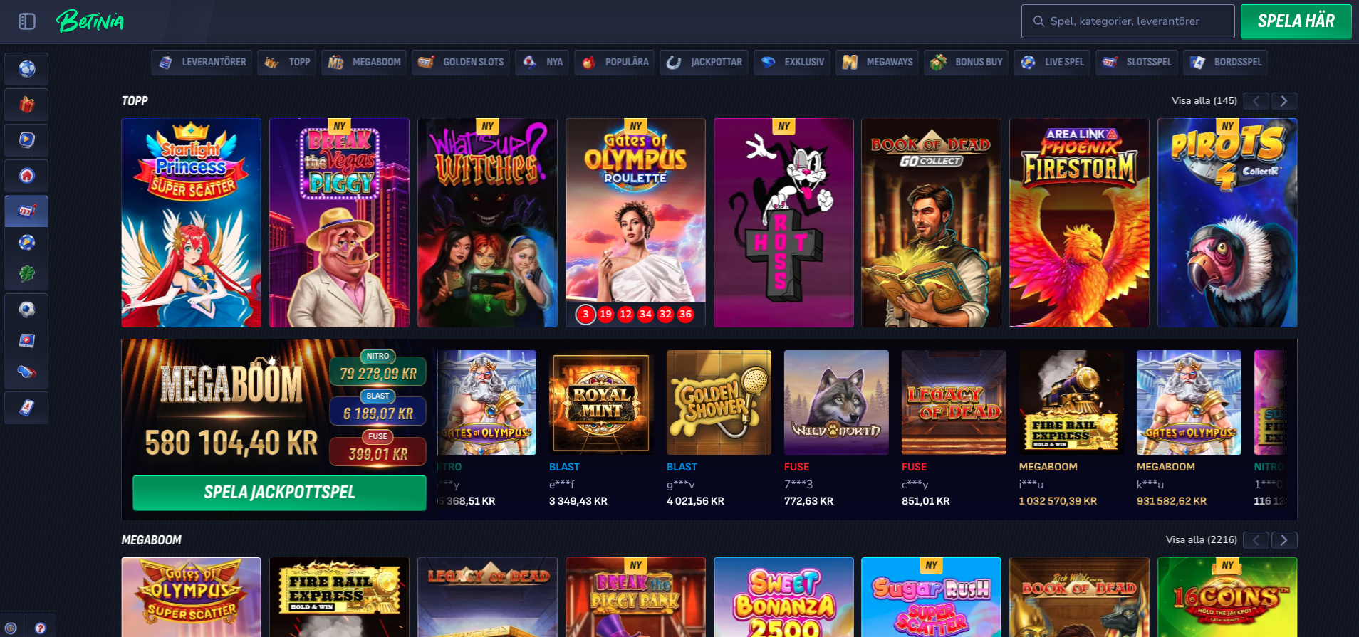 Betinias casinoutbud med populära slots och jackpotspel. Nya spelare kan ta del av en välkomstbonus på upp till 2500 kr enligt gällande villkor.