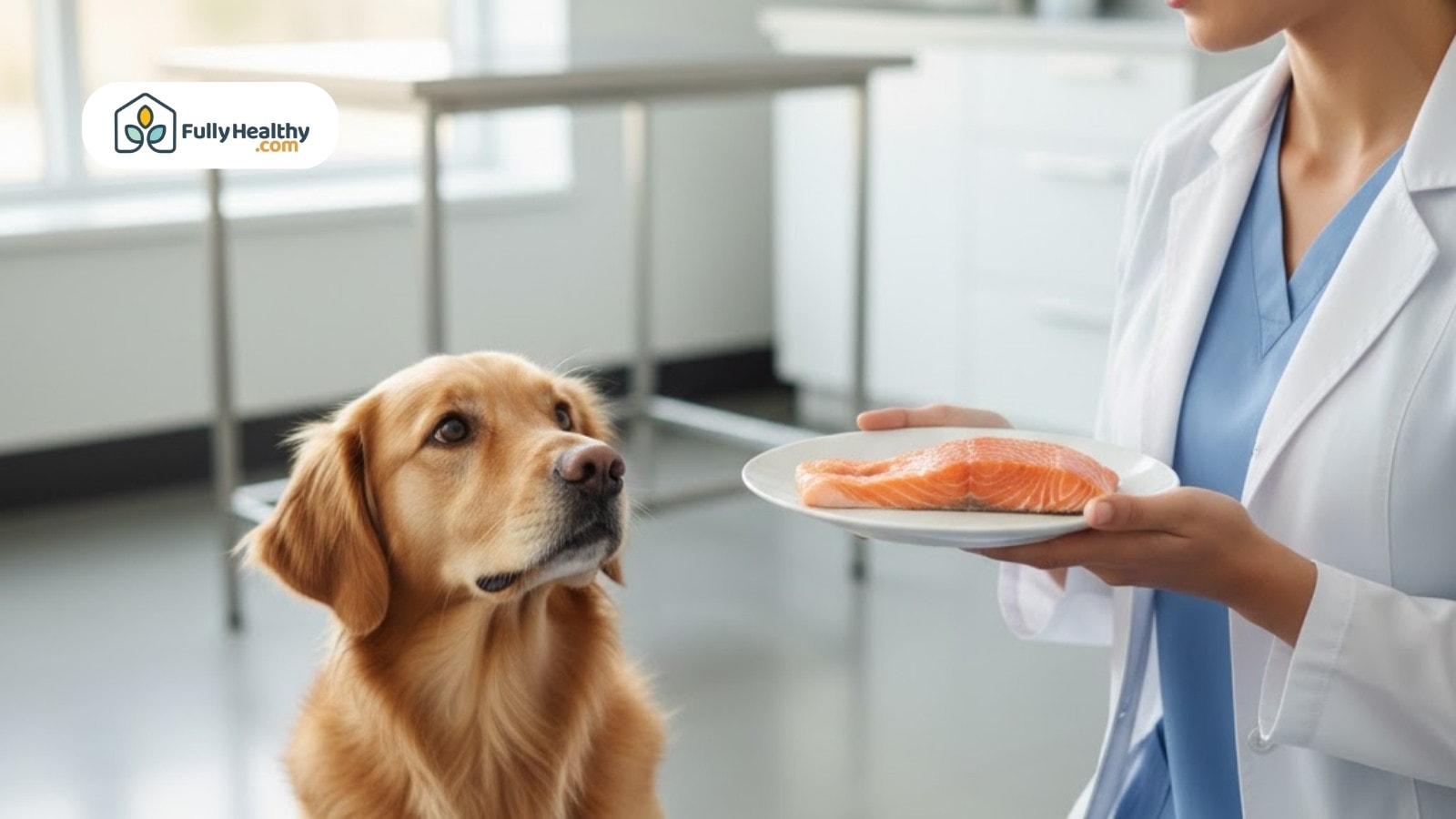 Golden retriever looking at raw salmon held by vet in clinical setting