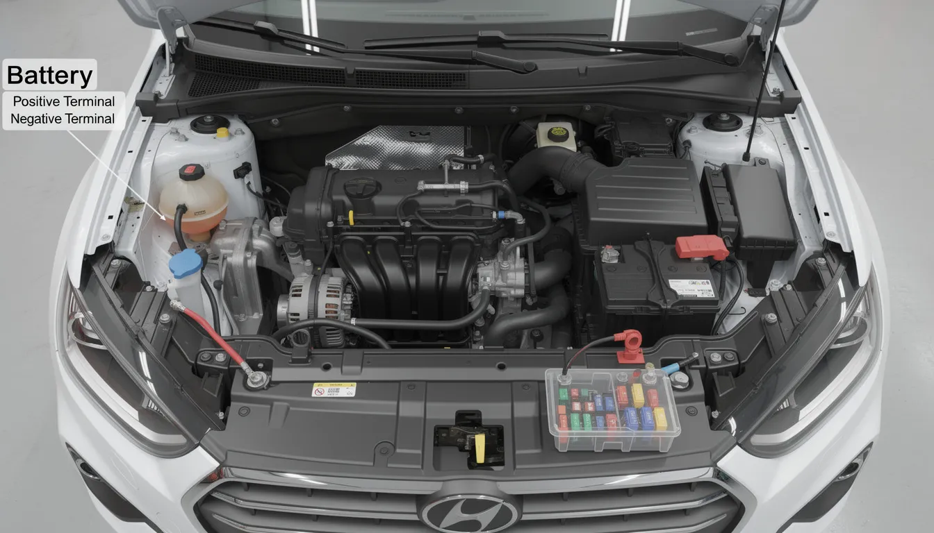 The image depicts a car engine bay, highlighting the locations of the battery terminals and fuse box. This area is essential for troubleshooting issues, such as those indicated by the check engine light, and is often where mechanics connect an OBD II scanner to clear codes or address underlying problems.