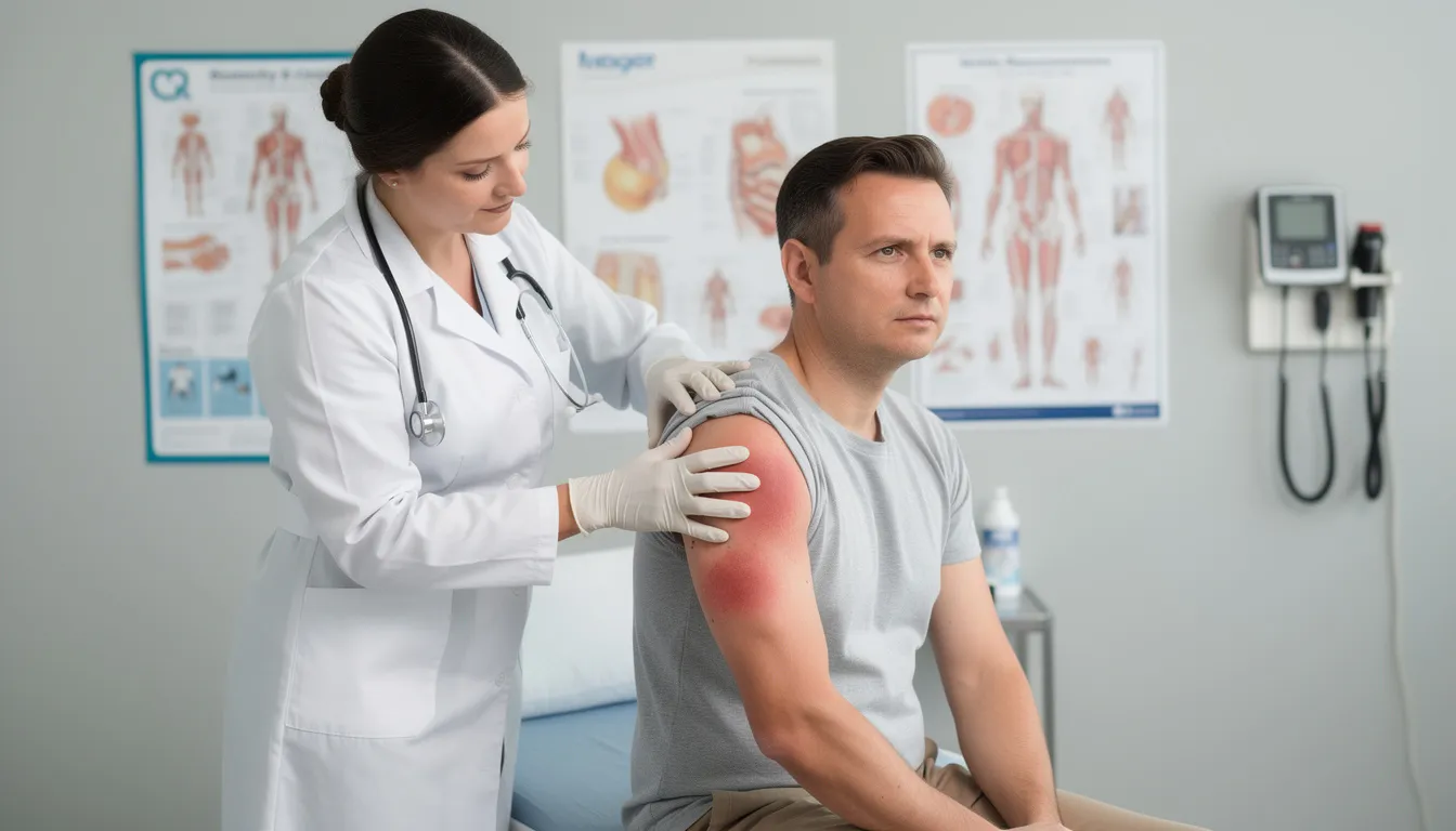 A medical professional is carefully examining a patient's injured shoulder in a clinical setting, assessing the extent of the injury as part of the medical treatment process for a workers compensation claim. The physician, serving as the authorized treating physician, is likely discussing the patient's progress towards maximum medical improvement and the necessary steps for ongoing medical care.