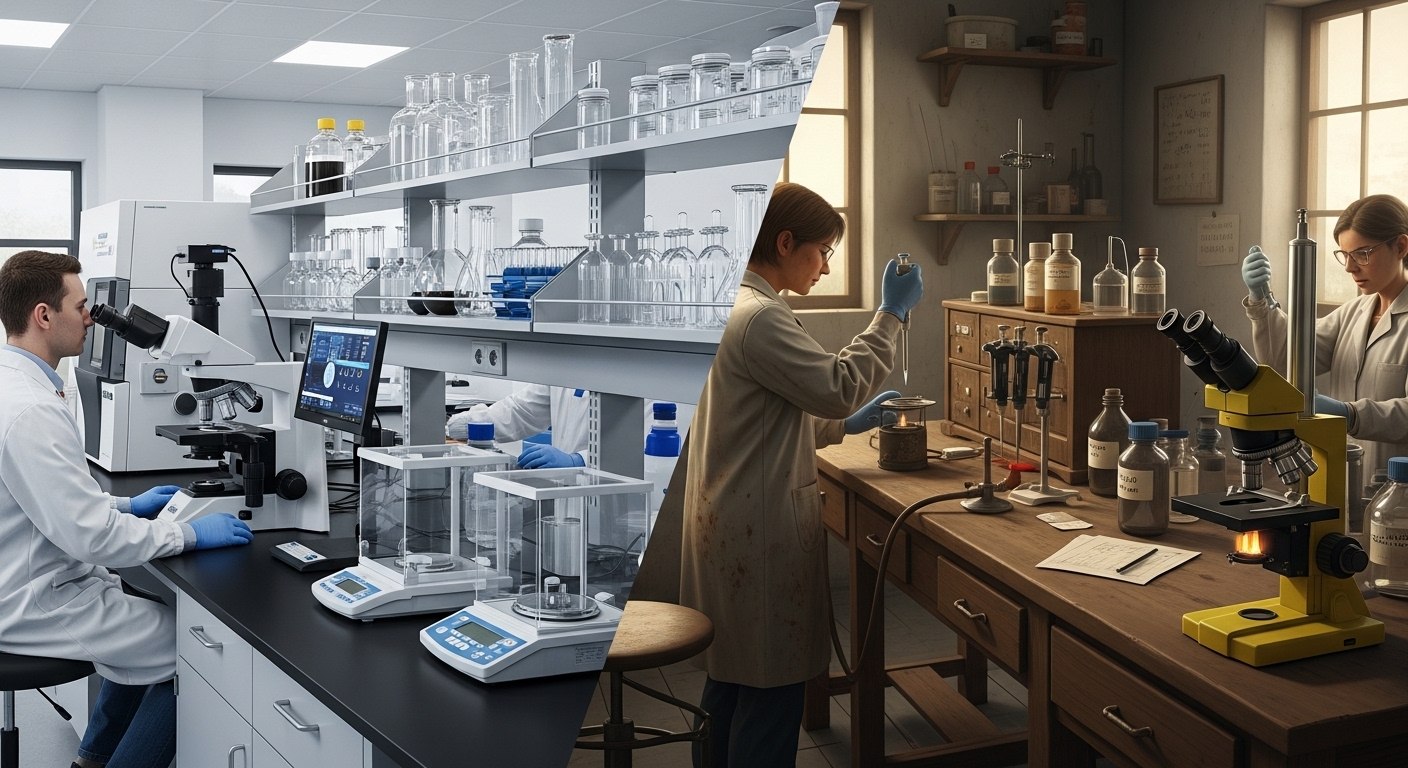 Comparison of high-quality modern lab vs basic outdated lab environment showing difference in tools and experience.
