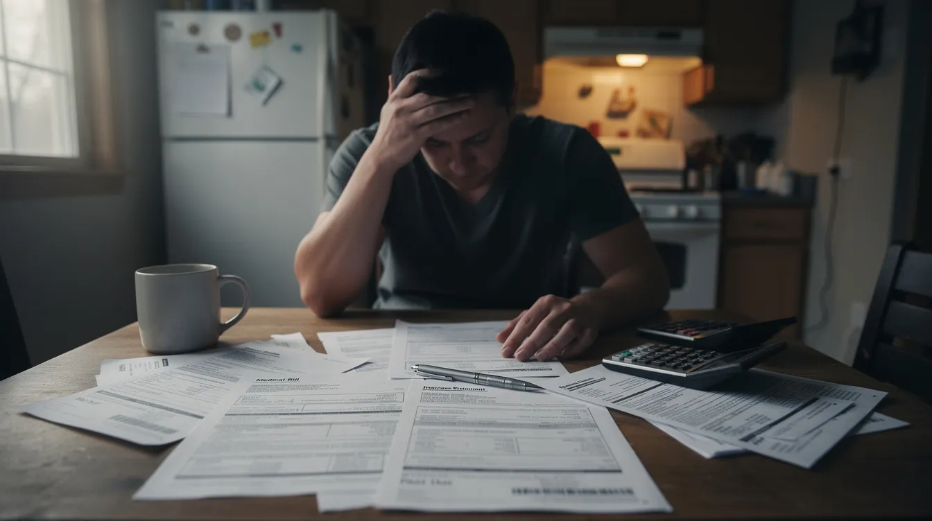 The image shows a person sitting at a kitchen table, carefully reviewing medical documents and bills related to their personal injury claim. The scene reflects the complexities of managing medical expenses and the impact of physical pain on their daily life.