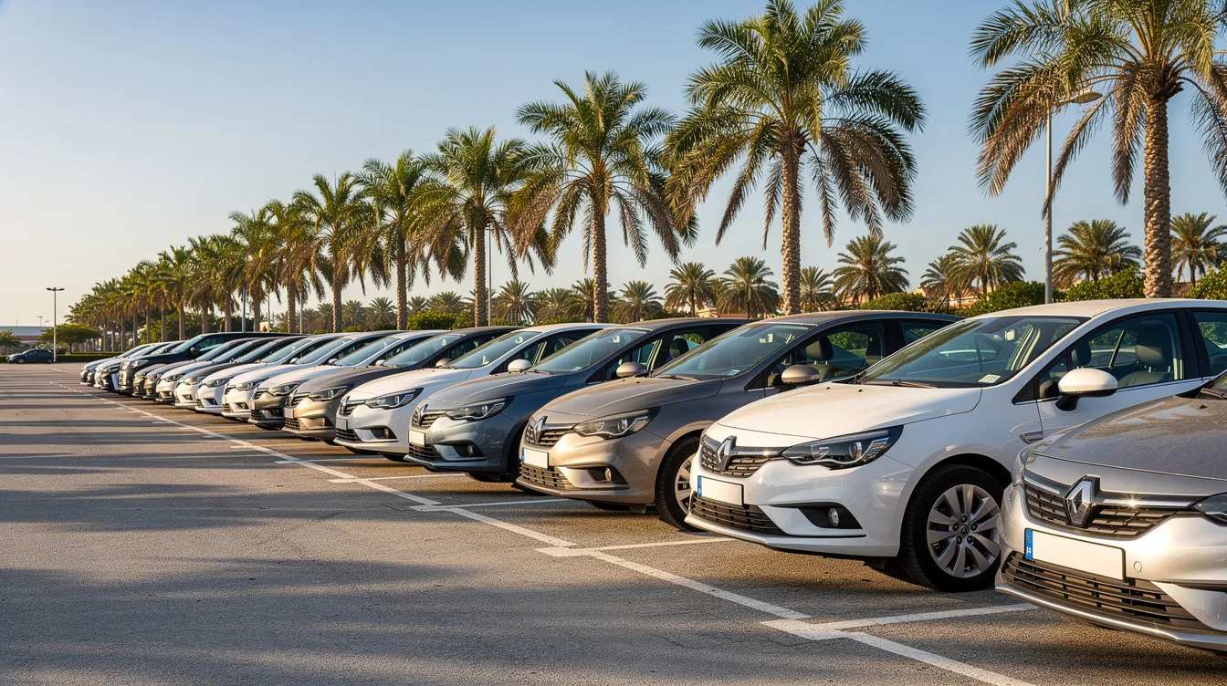 Une rangée de voitures de location est garée dans un parking ensoleillé, entourée de palmiers qui ajoutent une touche tropicale à l'environnement. Cette scène évoque les services de location de véhicules, idéale pour les clients cherchant à réserver une voiture pour leurs déplacements.