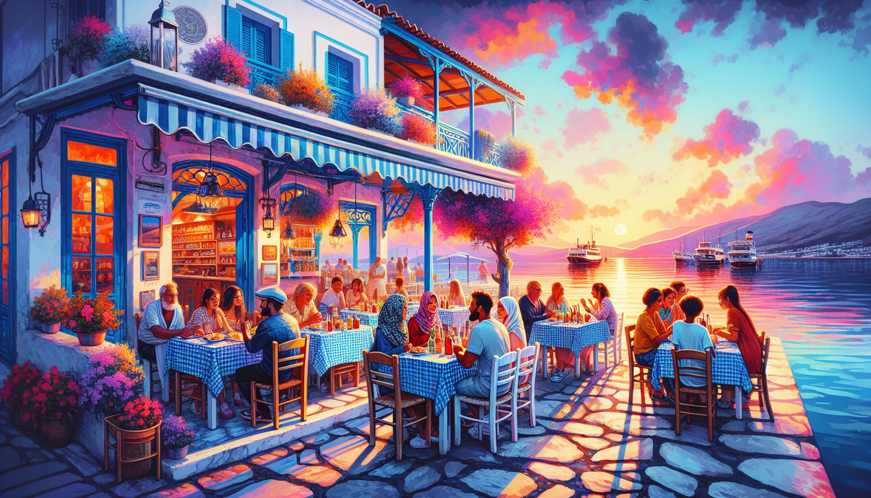 Scenic view of waterfront Greek dining with charming ambiance