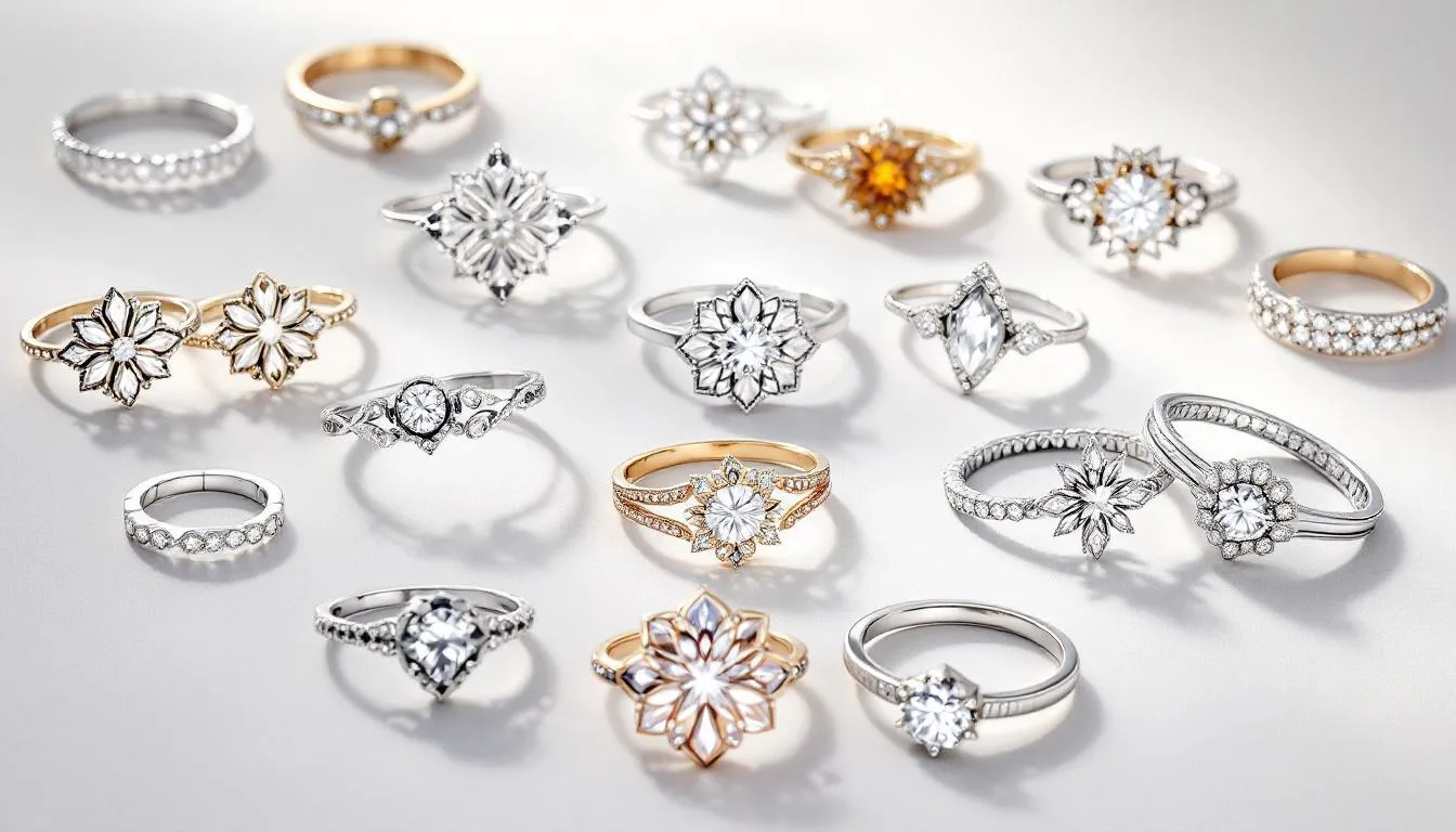 The image showcases a beautiful collection of ladies silver rings, including various styles such as chunky silver rings and delicate sterling silver rings, perfect for any occasion. Each ring is designed to elevate an outfit, featuring polished surfaces and unique designs that cater to different tastes.