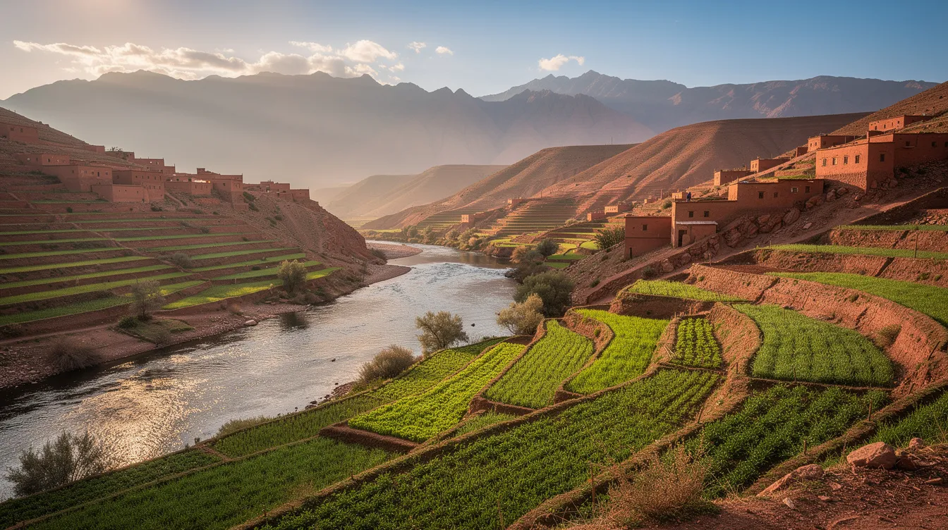 A picturesque valley in Morocco showcases lush green terraced fields, a winding river, and the majestic Atlas Mountains in the background, perfect for a Moroccan adventure. This serene landscape invites travelers to explore the beauty of the region, ideal for those planning a road trip from Marrakech.