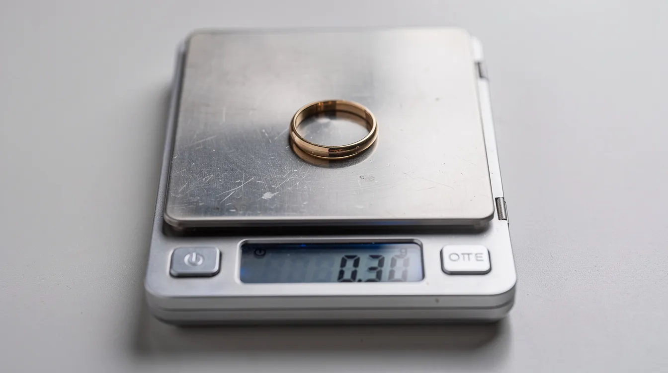 A digital jewelry scale measuring the weight of a small gold ring in grams.