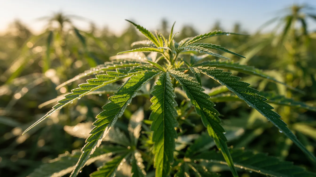 The image shows a close-up view of vibrant green hemp leaves basking in sunlight within a lush field, highlighting the natural beauty of hemp plants. This scene also reflects the cultivation of industrial hemp, which is integral to various hemp-derived products and cannabinoids.