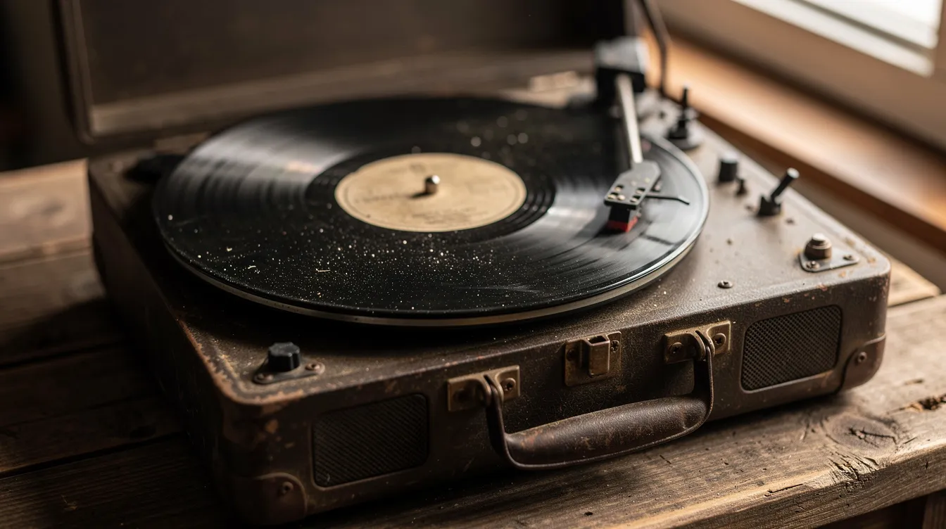 Das Bild zeigt einen alten Plattenspieler mit einer schwarzen Vinyl-Schallplatte, die auf einem rustikalen Holztisch liegt. Die Szenerie vermittelt nostalgische Gefühle und erinnert an verschiedene Musikgenres wie Blues und Rock.
