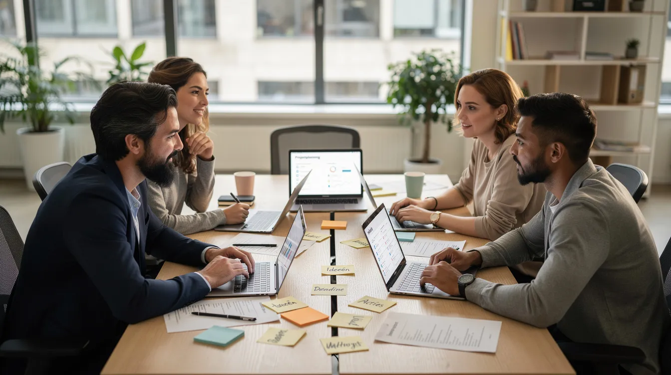 Een divers team van professionals werkt samen rond een tafel vol notities en laptops, waarbij ze strategische planning en teamwerk bespreken voor duurzame groei en effectief leiderschap. De samenwerking benadrukt de waarde van communicatie en de implementatie van ideeën in een snel veranderende wereld.