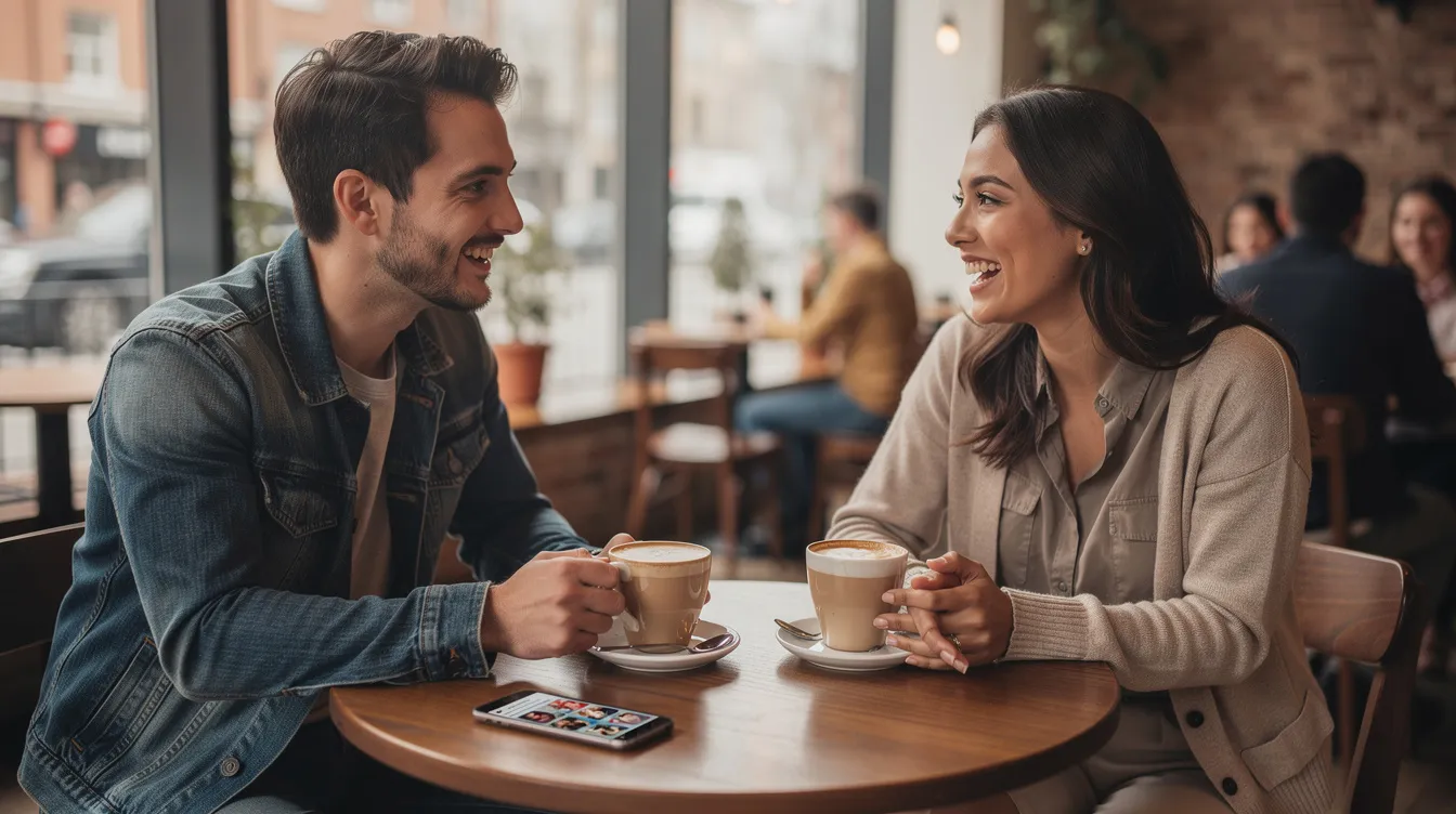 A couple sits at a cozy café, smiling and engaging in conversation on their first date, arranged through a dating app. This magical moment highlights the potential for meaningful connections in the world of online dating, where mutual attraction can lead to successful relationships.
