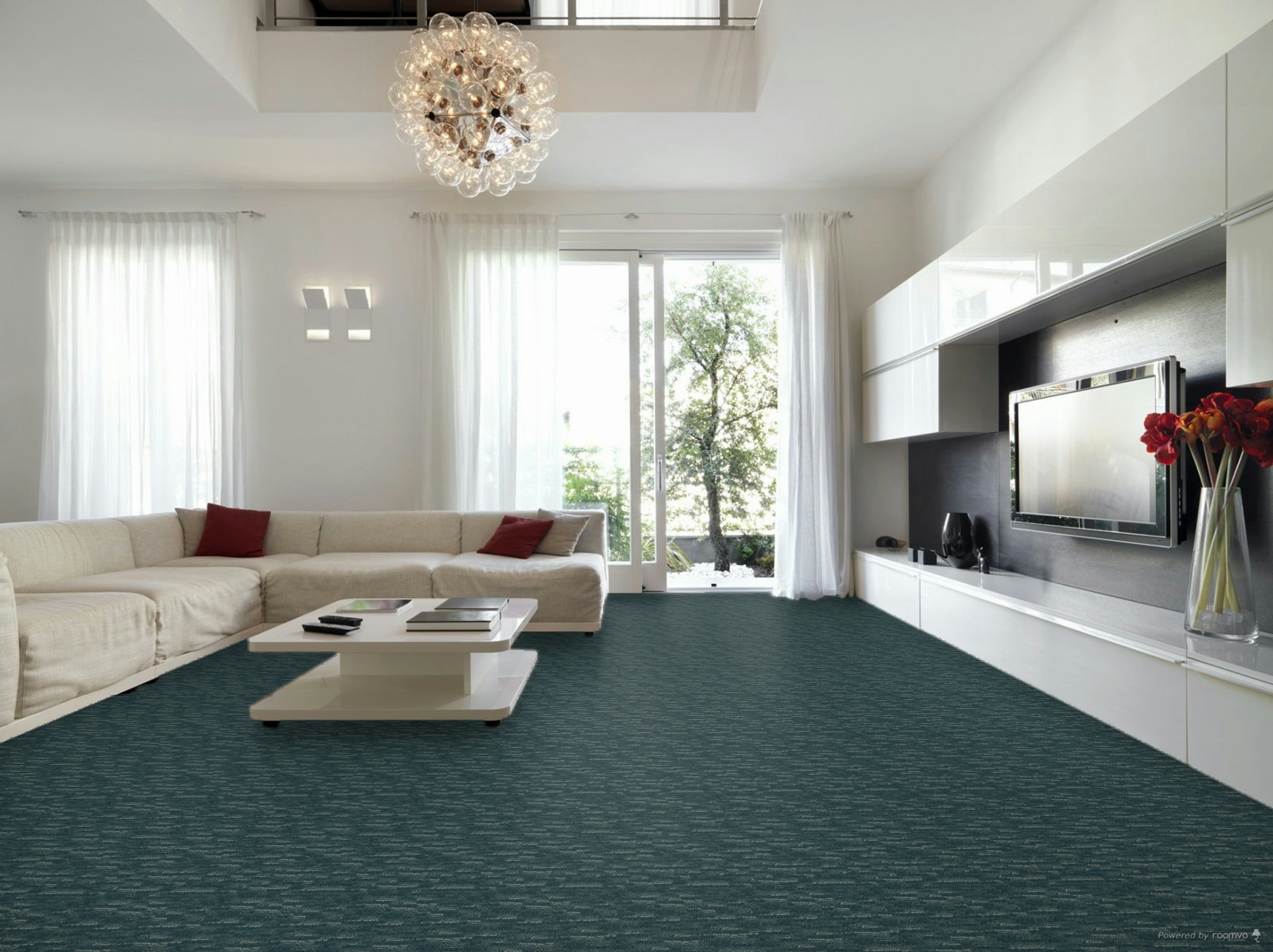 blue and green striated carpet in a large casual living room